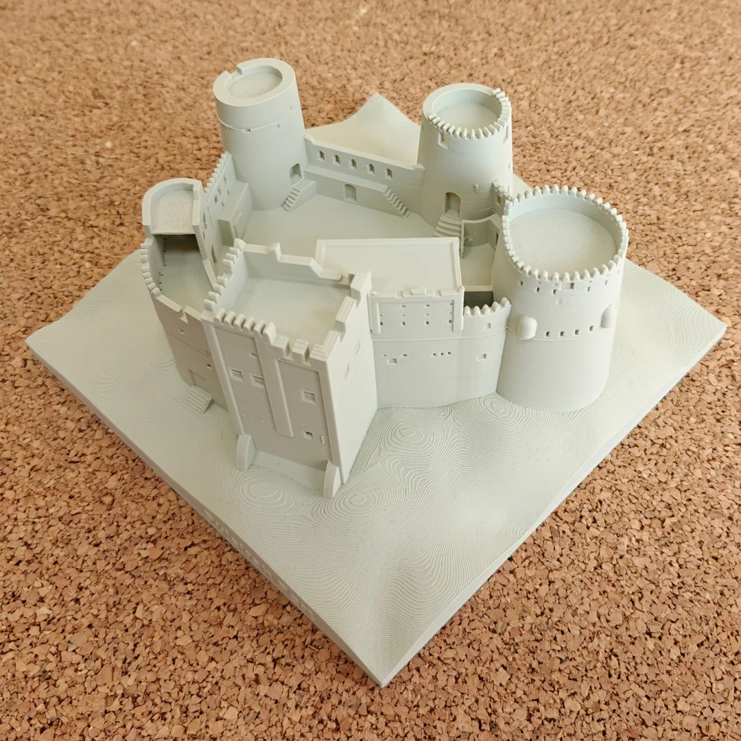 Elevated entrance-side view of a Fujairah Fort model on a landscape base.