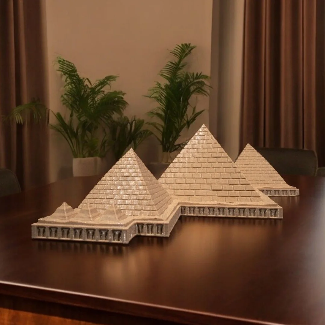 Giza pyramid complex model displayed on a tabletop.