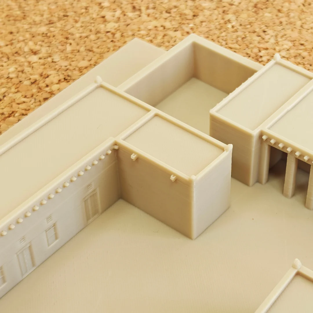 Close view of rooms and courtyard walls in a Khorfakkan Fort model.