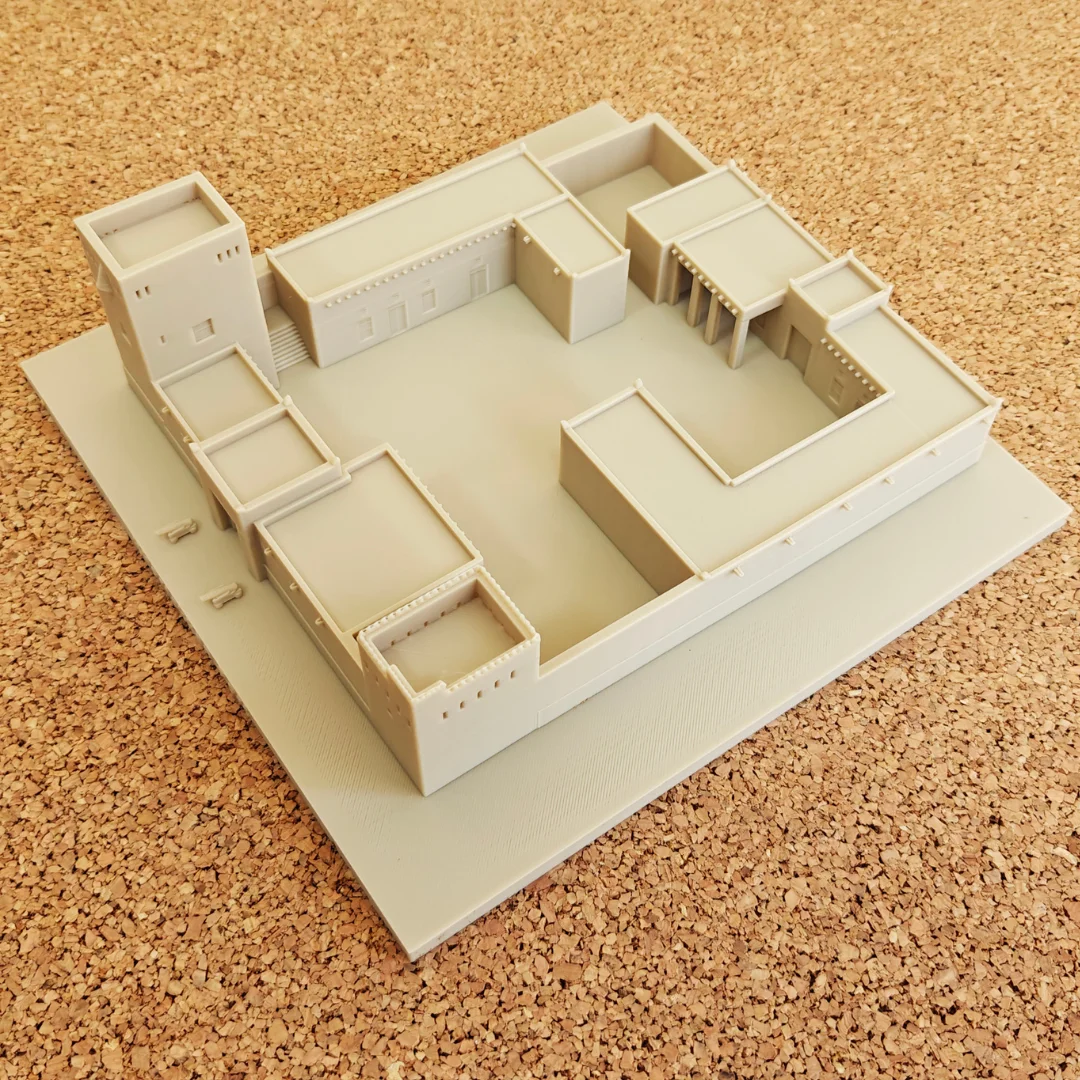 Elevated corner view of a Khorfakkan Fort model with interior buildings.