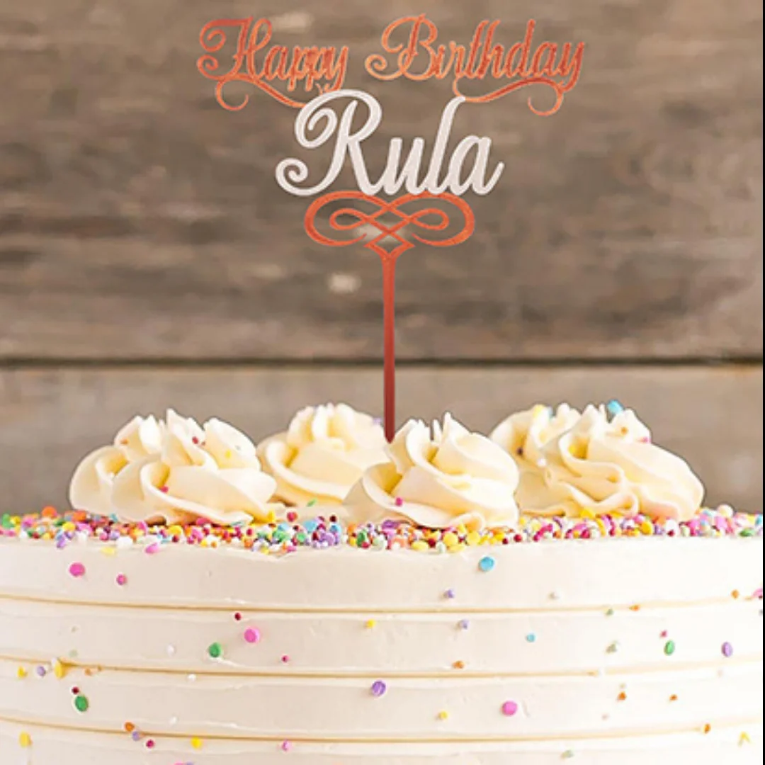 Personalised Happy Birthday Rula cake topper displayed on a decorated cake.