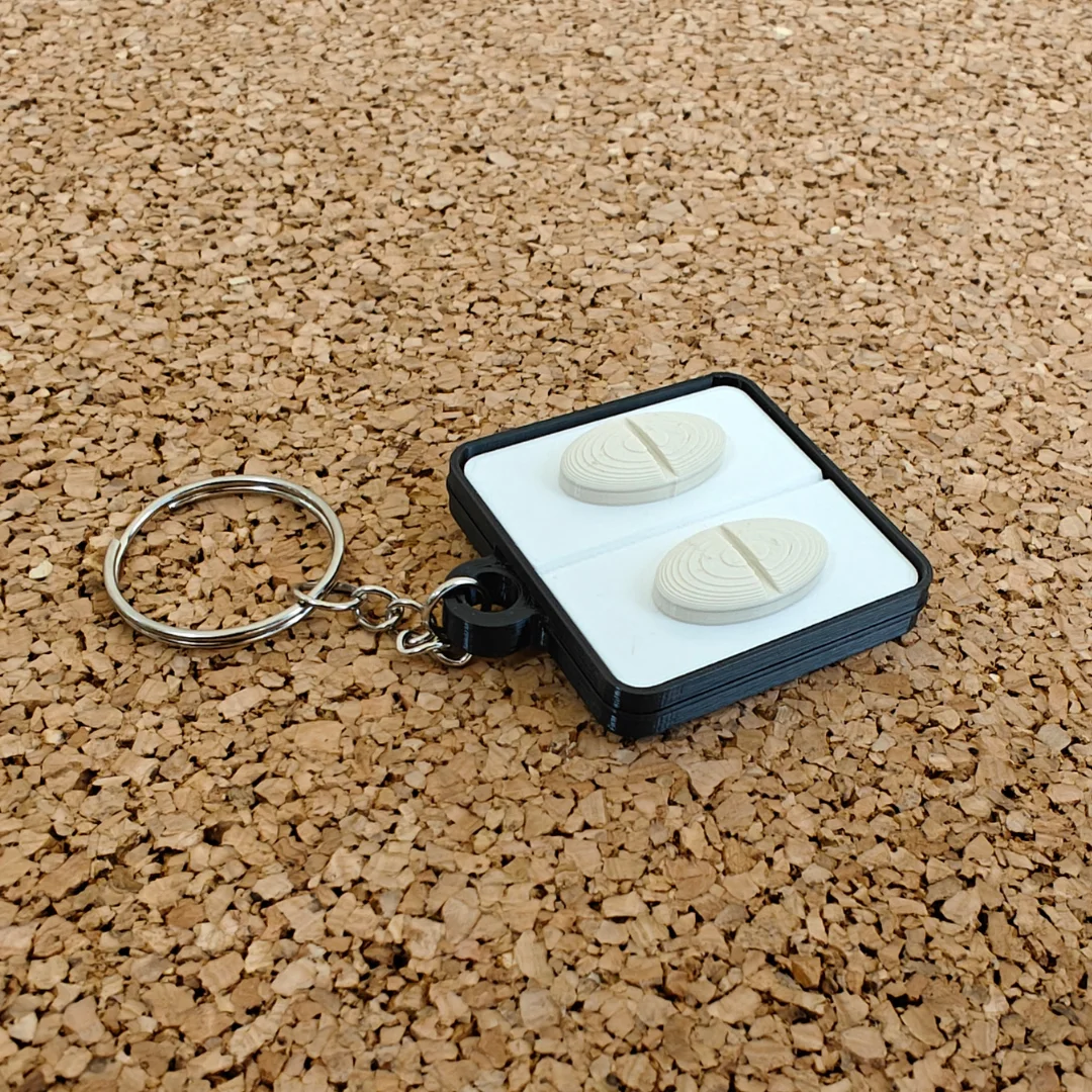 Angled view of a rectangular keychain with two raised oval pill shapes and a metal split ring.