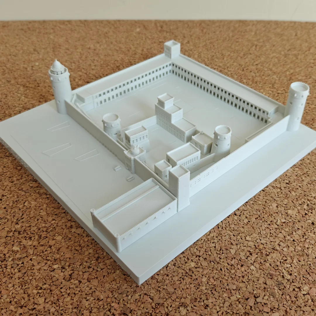 Opposite corner view of a Qasr Al Hosn model with its surrounding walls.