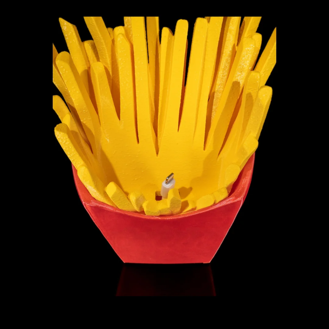 Top view of a French fries phone holder showing its phone slot.