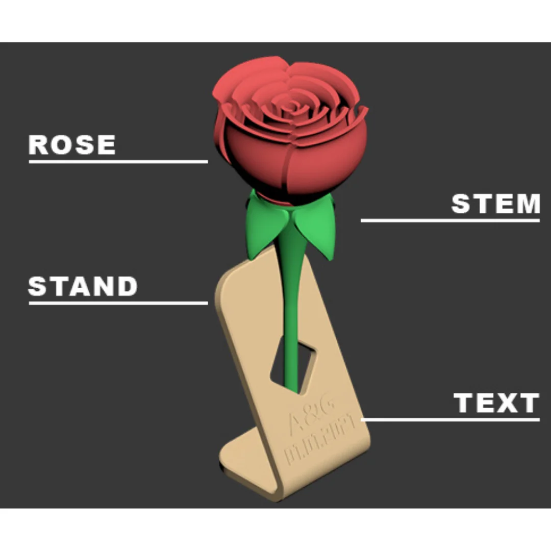 Labelled diagram of a rose model identifying the flower, stem, display stand and personalised text area.