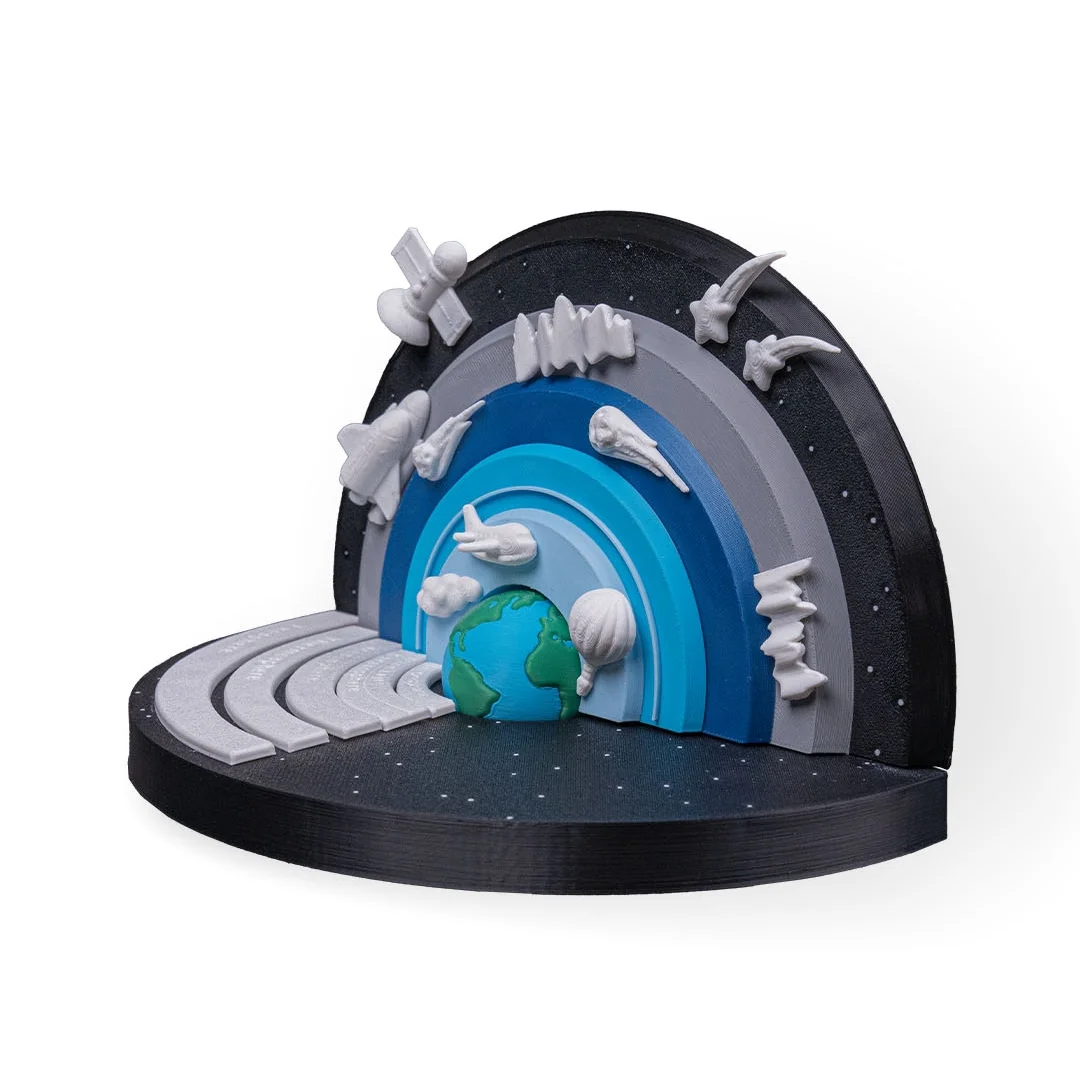 Side angle of an atmosphere layers model on a circular base.