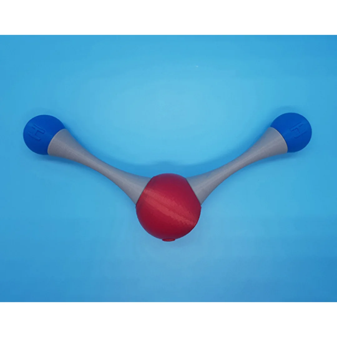 Top view of an H2S molecule model with two bonds around a central atom.