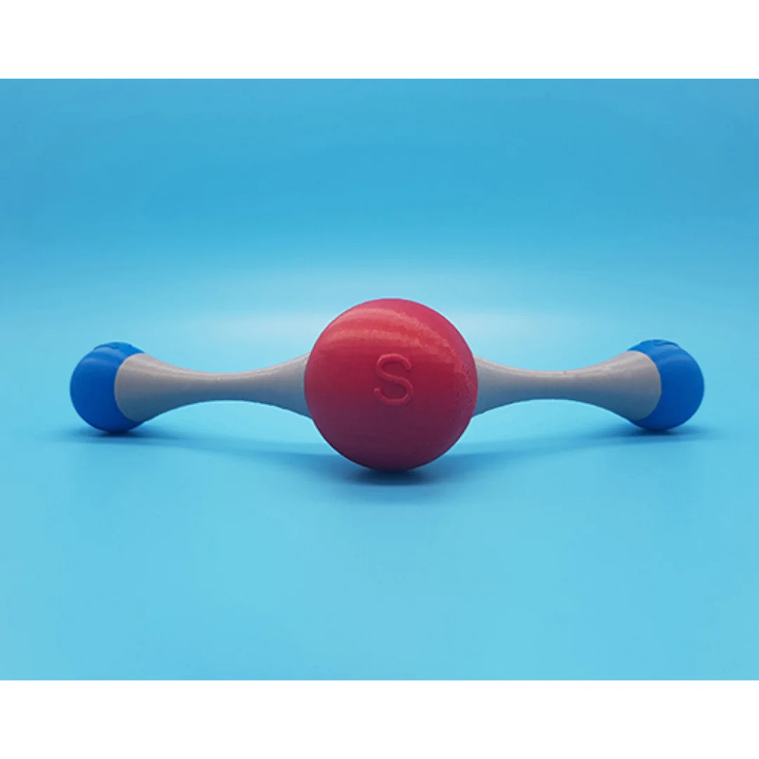 Front view of a hydrogen sulfide molecule teaching model.