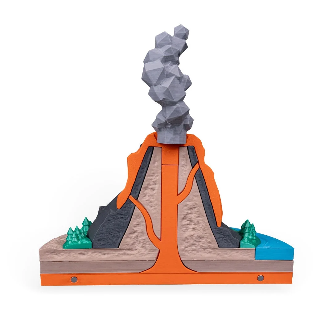 Open volcano cross-section showing the internal channel and layered base.