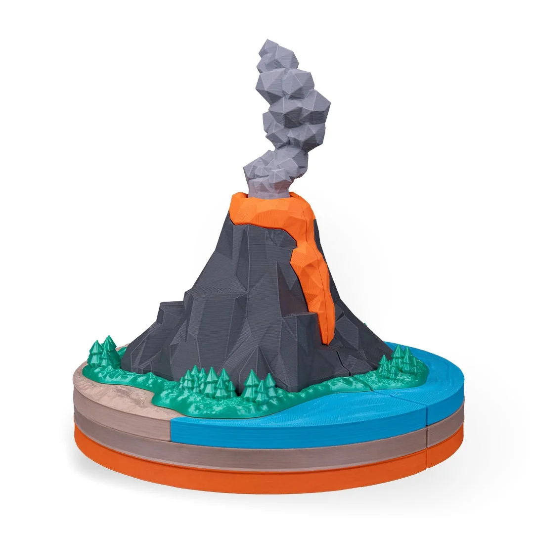 Angled view of an assembled volcano model and surrounding landscape.