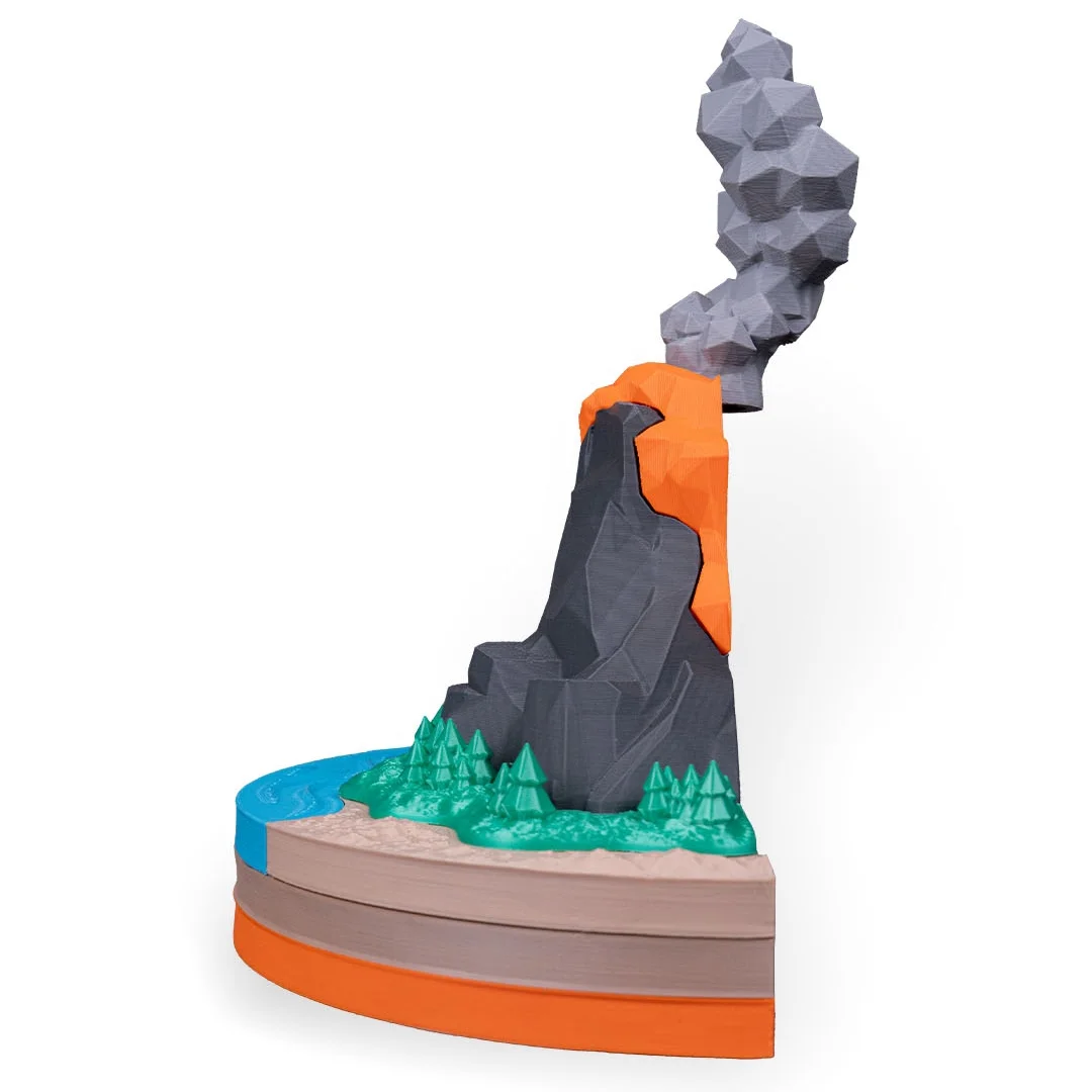 Side view of a volcano half showing the depth of its layered base.