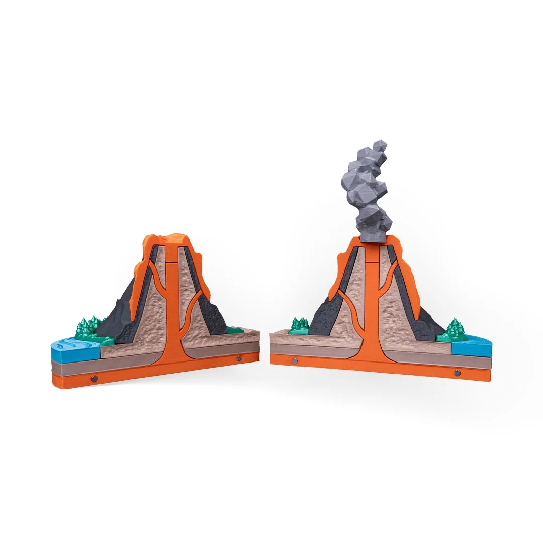 Two separated volcano model halves showing the internal channels.