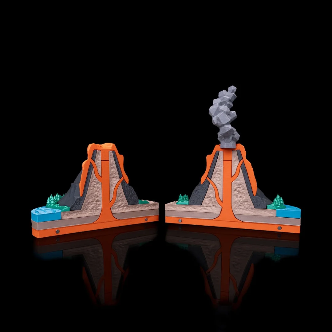 Separated volcano halves displayed beside each other with internal channels visible.