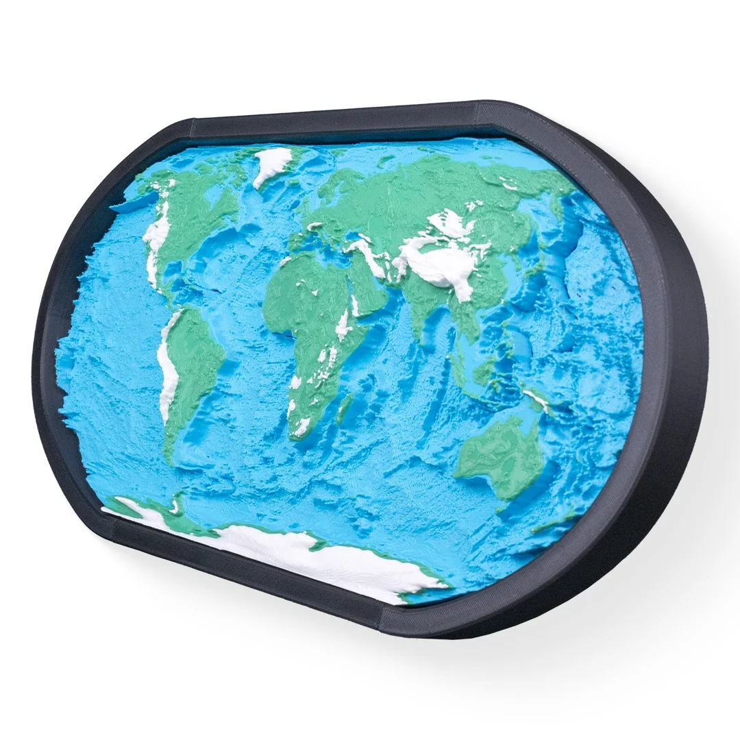 World relief map model viewed from the right.