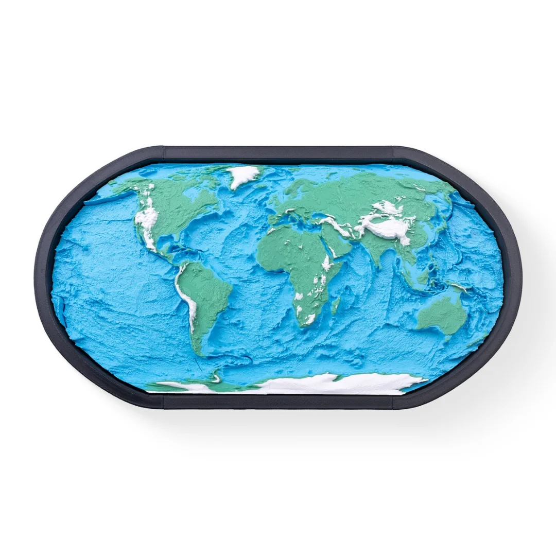Front view of a framed world topographic map.