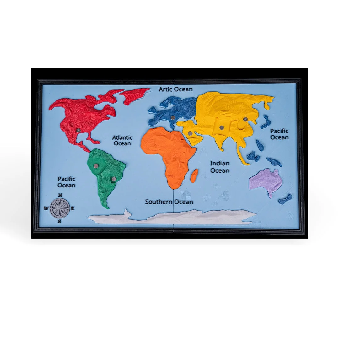World map model with raised continent pieces and landmarks removed.