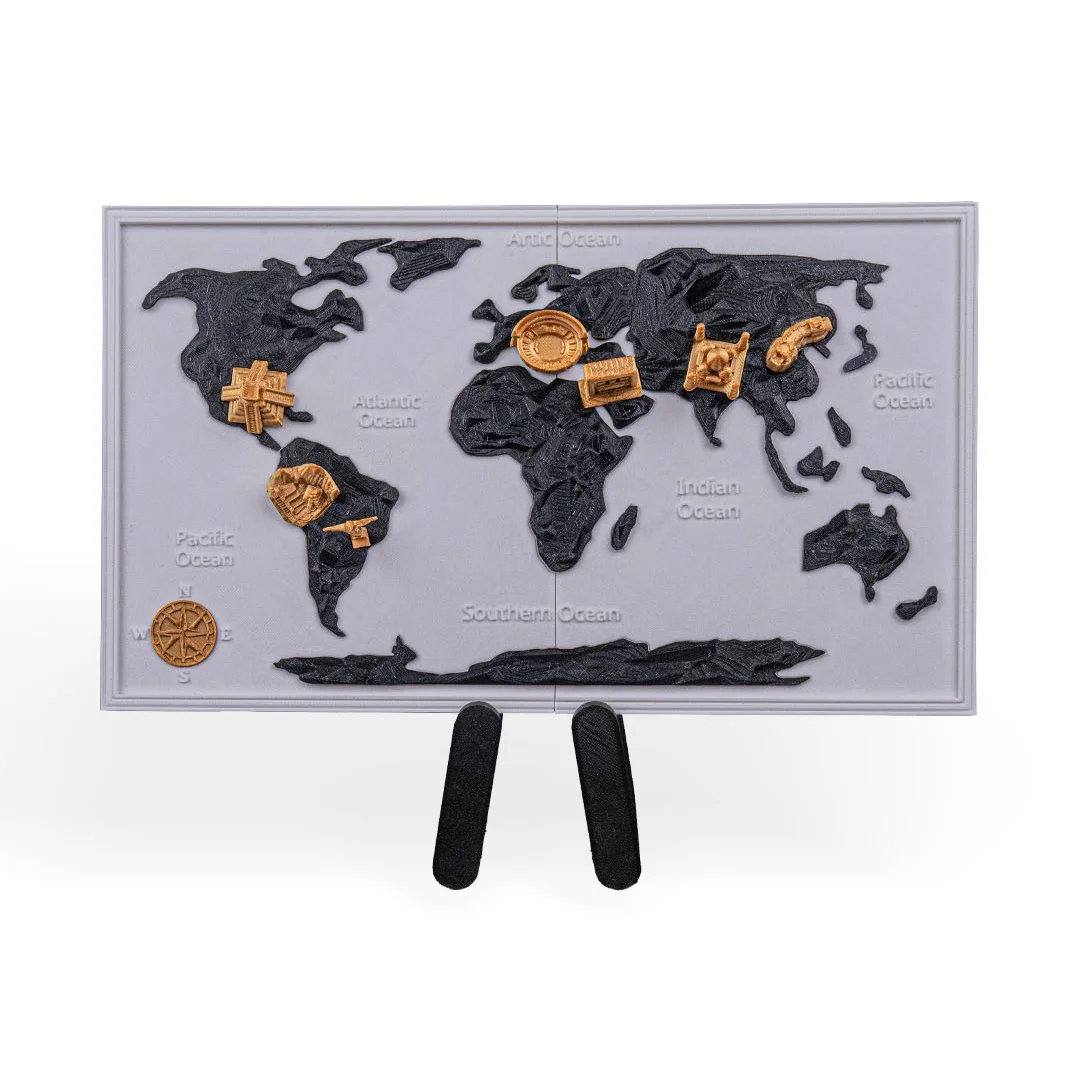 World map model with dark continents and metallic-finish landmark miniatures.