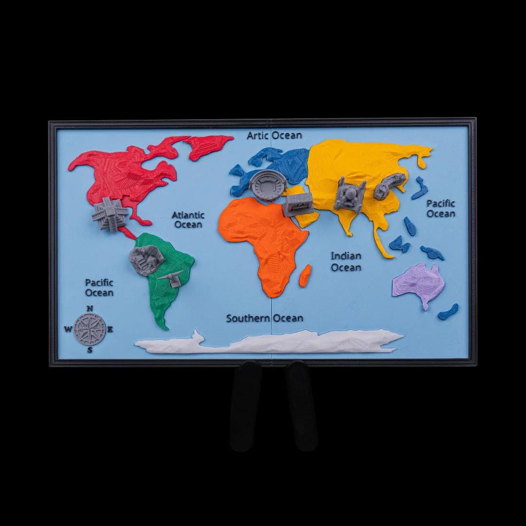 Front view of the assembled World of Wonders map model.