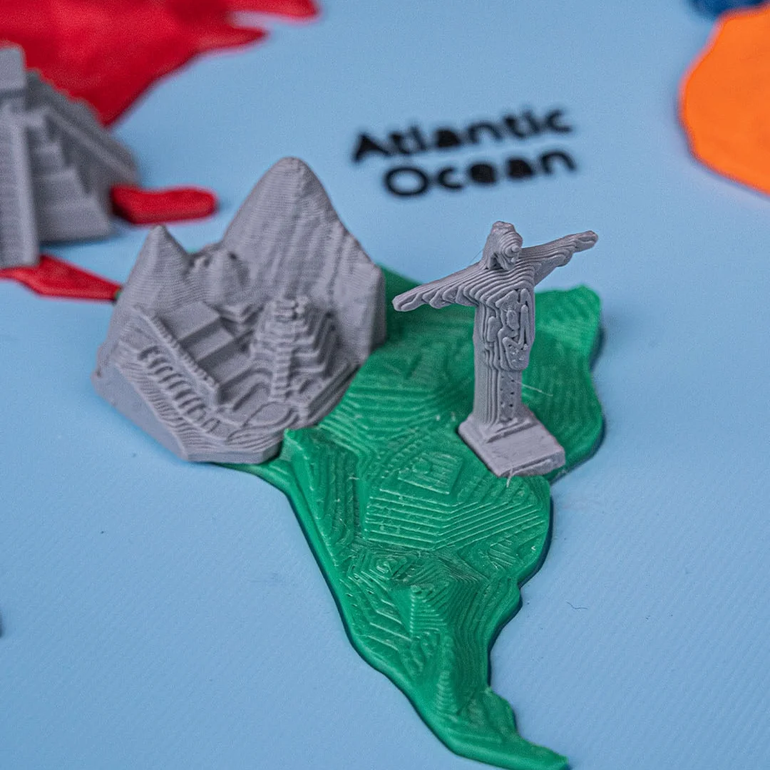 Close view of landmark miniatures on the South America section.