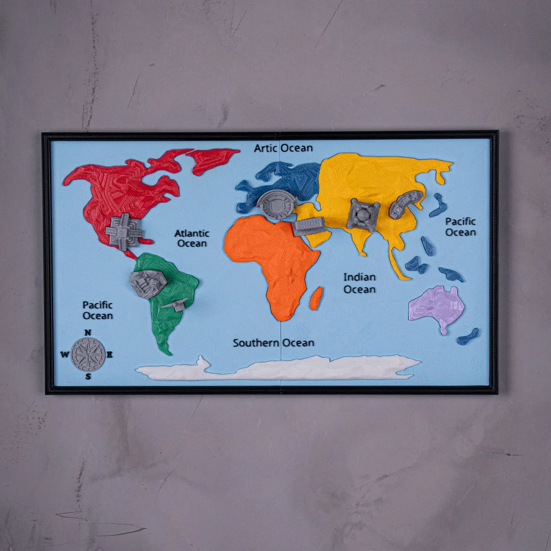 Assembled world map teaching model displayed on a wall.