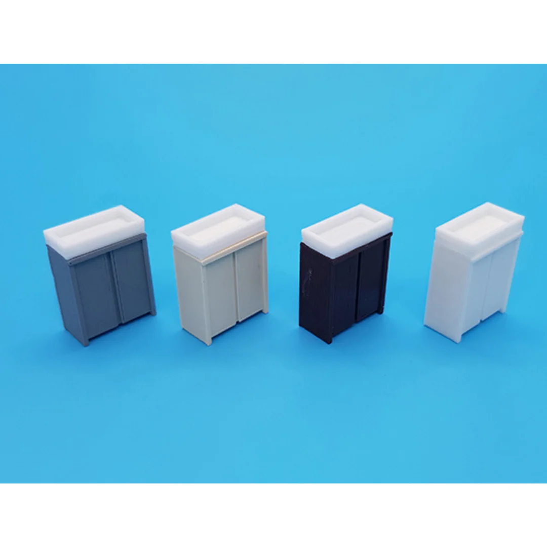 Miniature basin cabinets displayed together at 1:50 scale.