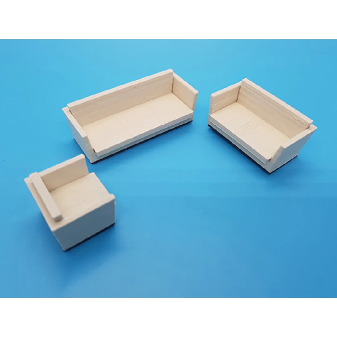 Qamar Sofa miniature models displayed together at 1:50 scale.