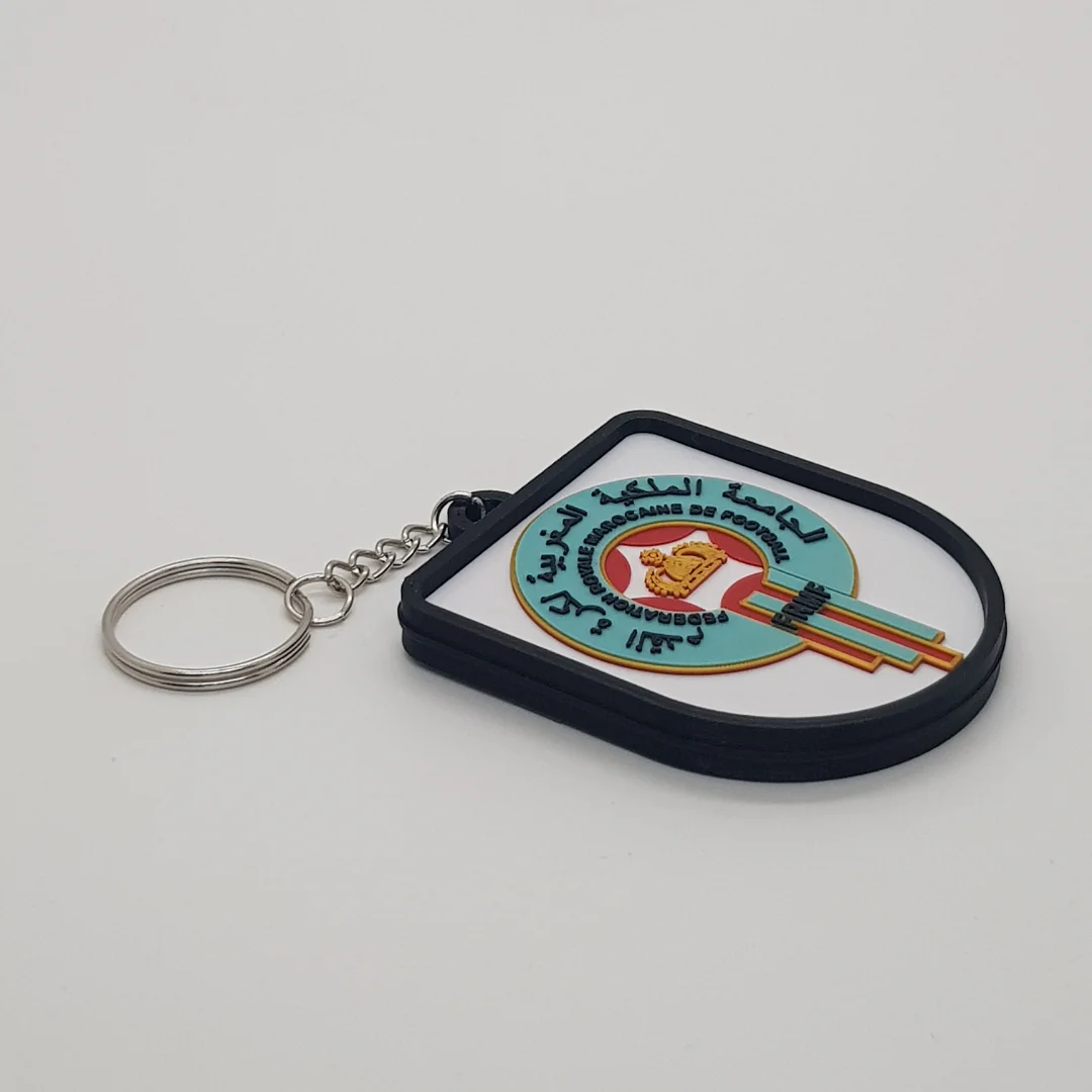 Angled front view of the Morocco football keychain showing its crest and metal key ring.