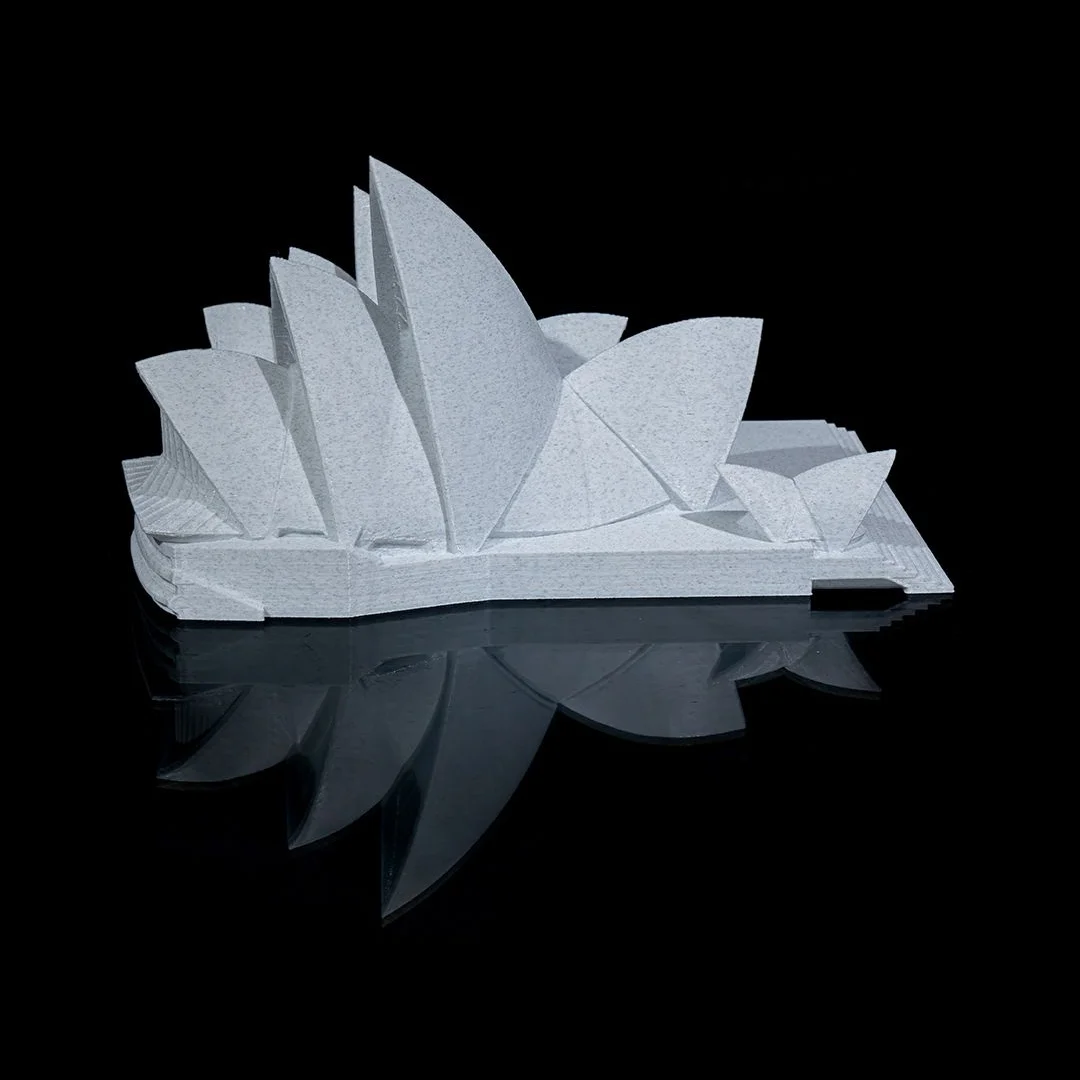 Opposite side view of a Sydney Opera House model with sculptural roof shells.