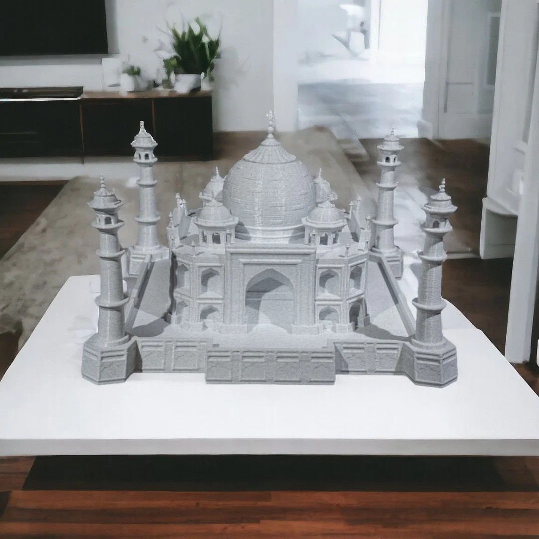 Taj Mahal model displayed on a tabletop, viewed from the front.