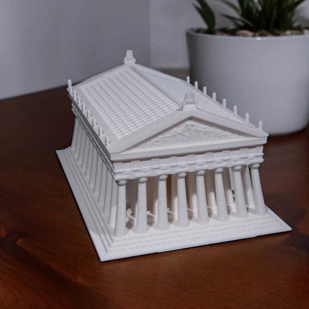 Parthenon model displayed on a tabletop, viewed at an angle.