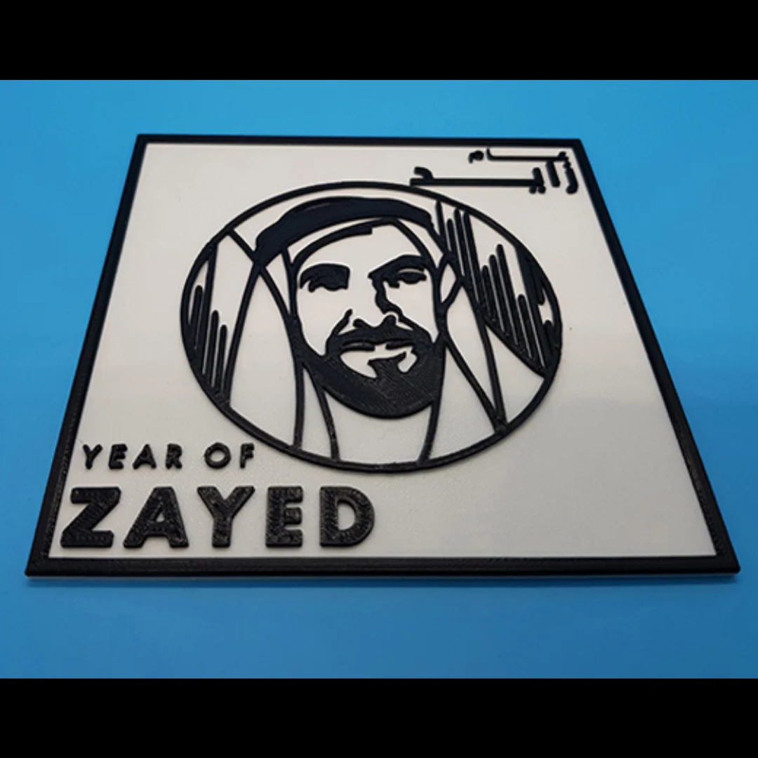 Low angled view of a Year of Zayed plaque showing the raised portrait and border.