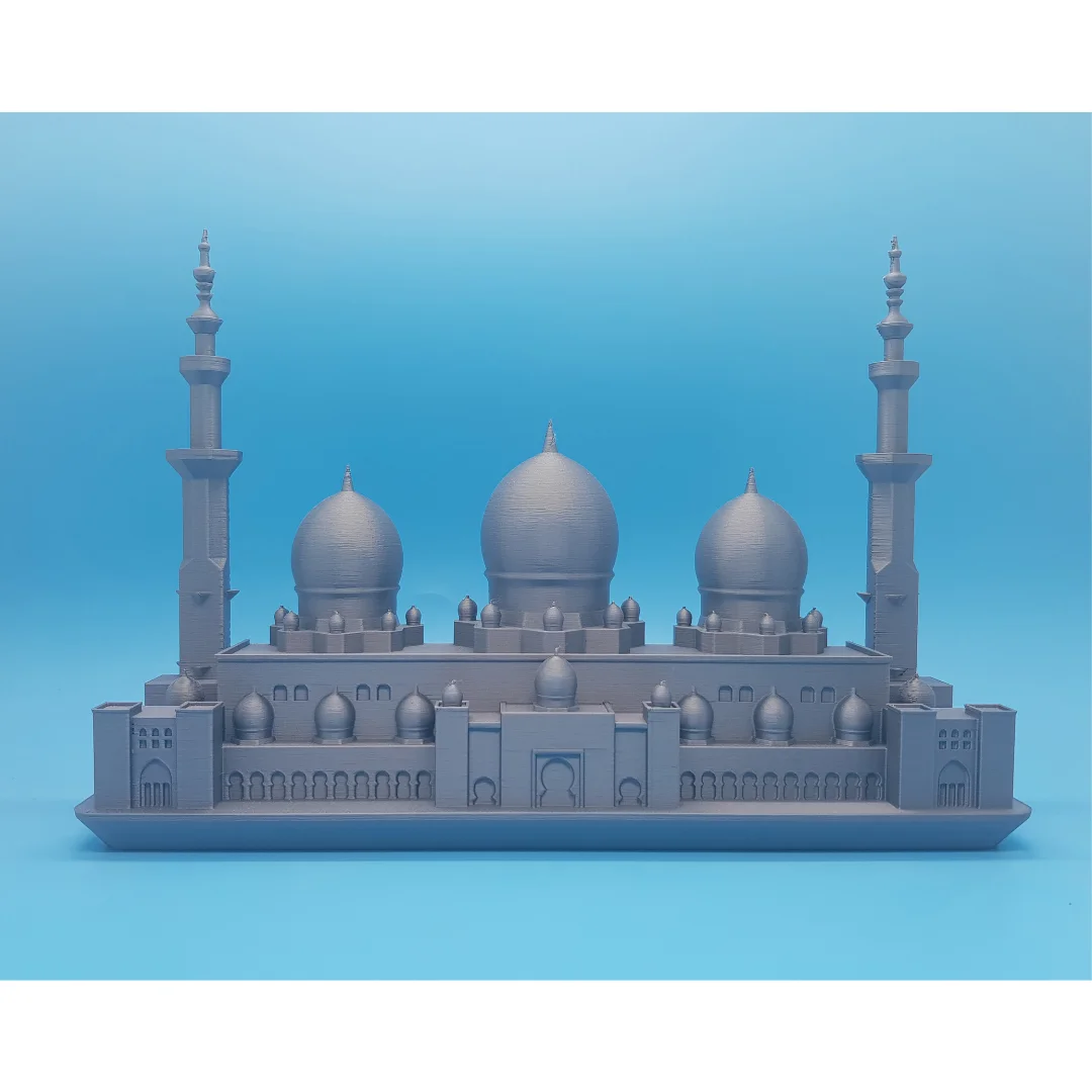 Front view of a Sheikh Zayed Mosque elevation model showing domes and arched facade.