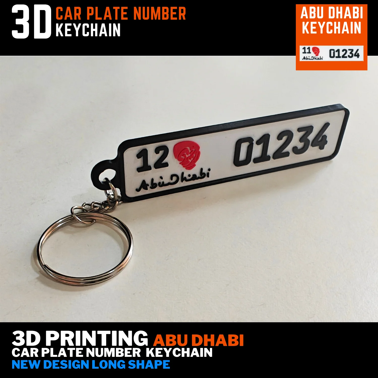3d print Abu Dhabi new carl number plate keychain new design red logo long shape free delivery