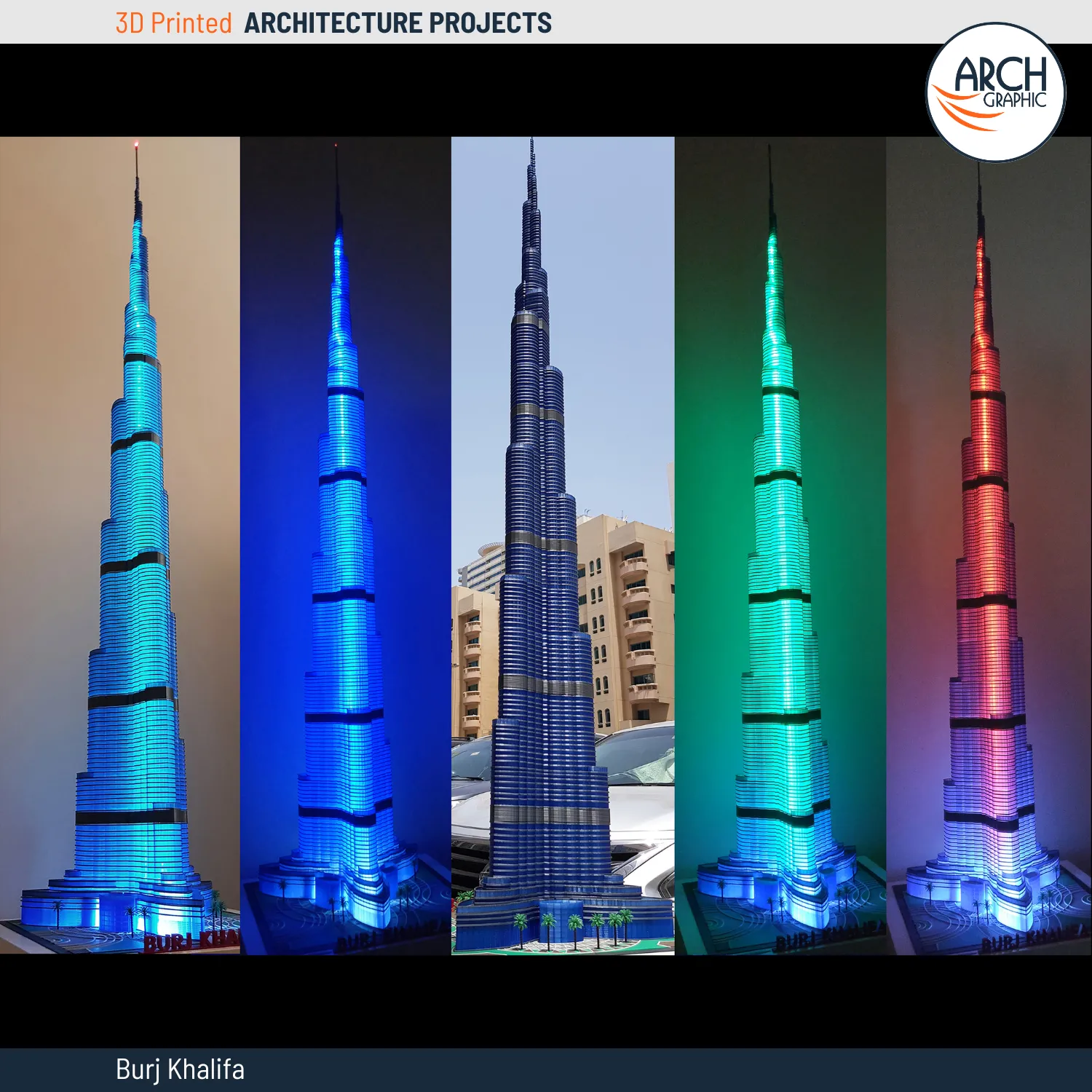 3D Printing 2 meters Burj Khalifa with LED Light using FDM 3D Printers from Arch Graphic 3D Printing Service Company in UAE