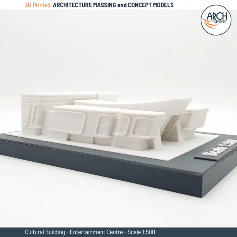 3D printed model of cultural entertainment building showing modern block geometry – scale 1:500