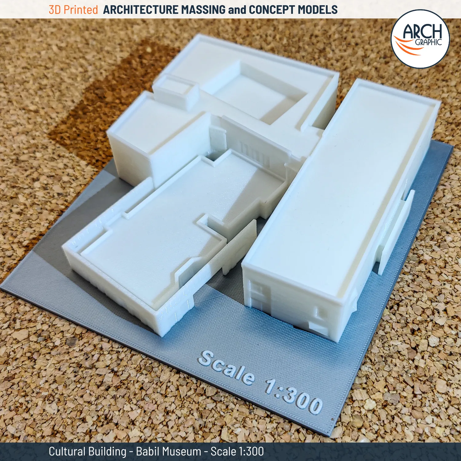 Low-angle view of 3D printed cultural entertainment centre model showing vertical massing and layered structure – scale 1:500