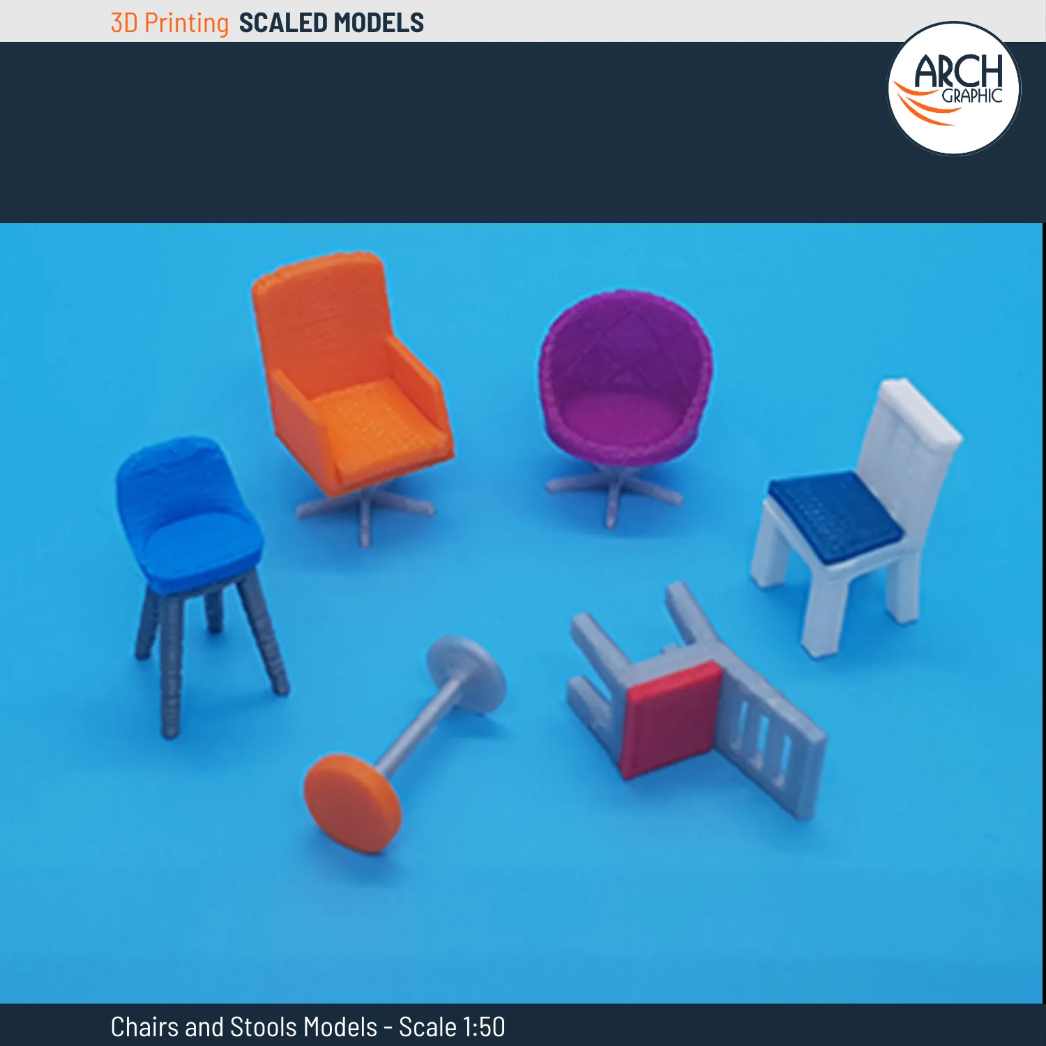 3D Printed chairs and stools models scale 1:50
