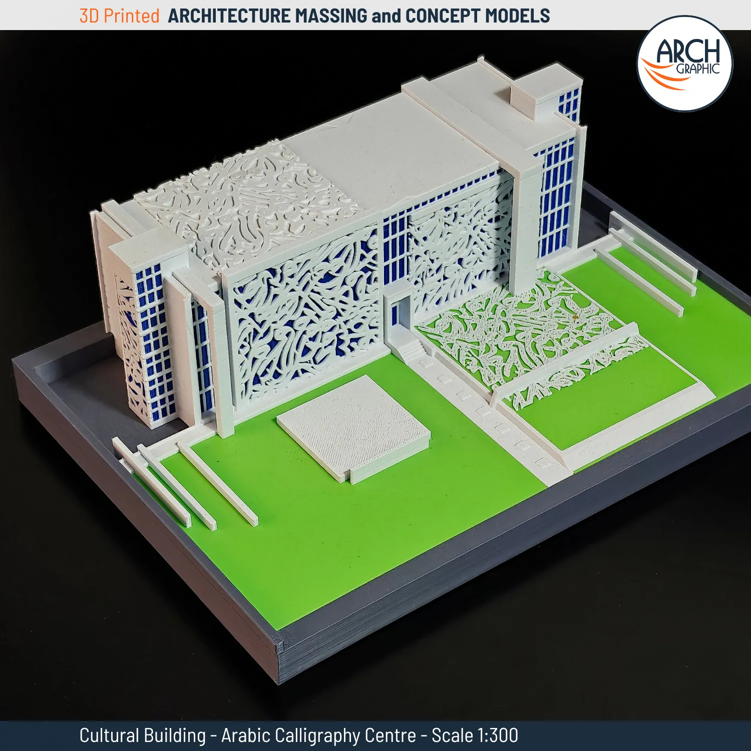 3D printed architectural model of Arabic Calligraphy Centre – top angled view, scale 1:300