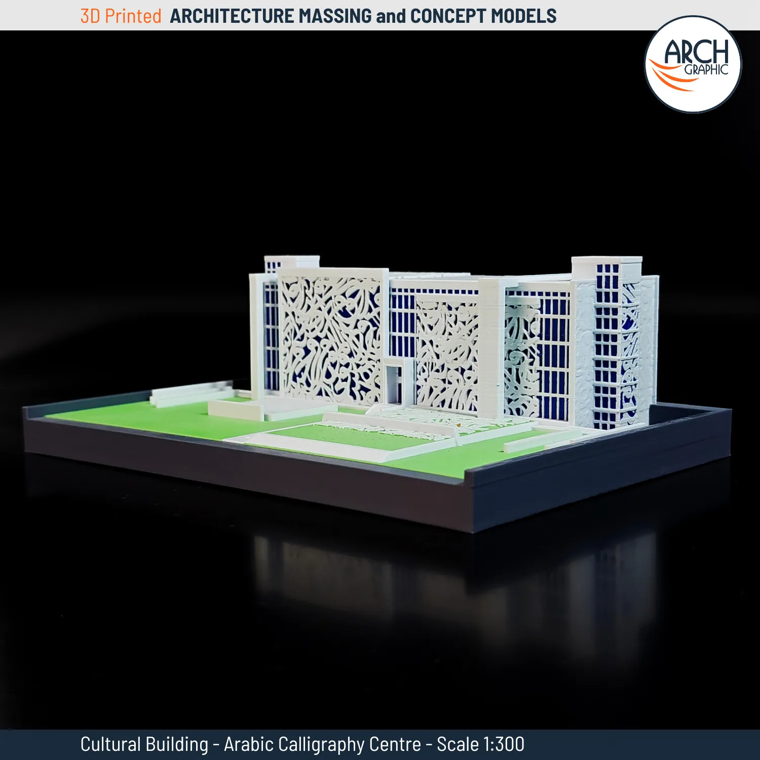 Front view of 3D printed architectural model of Arabic Calligraphy Cultural Centre with landscape layout – scale 1:300