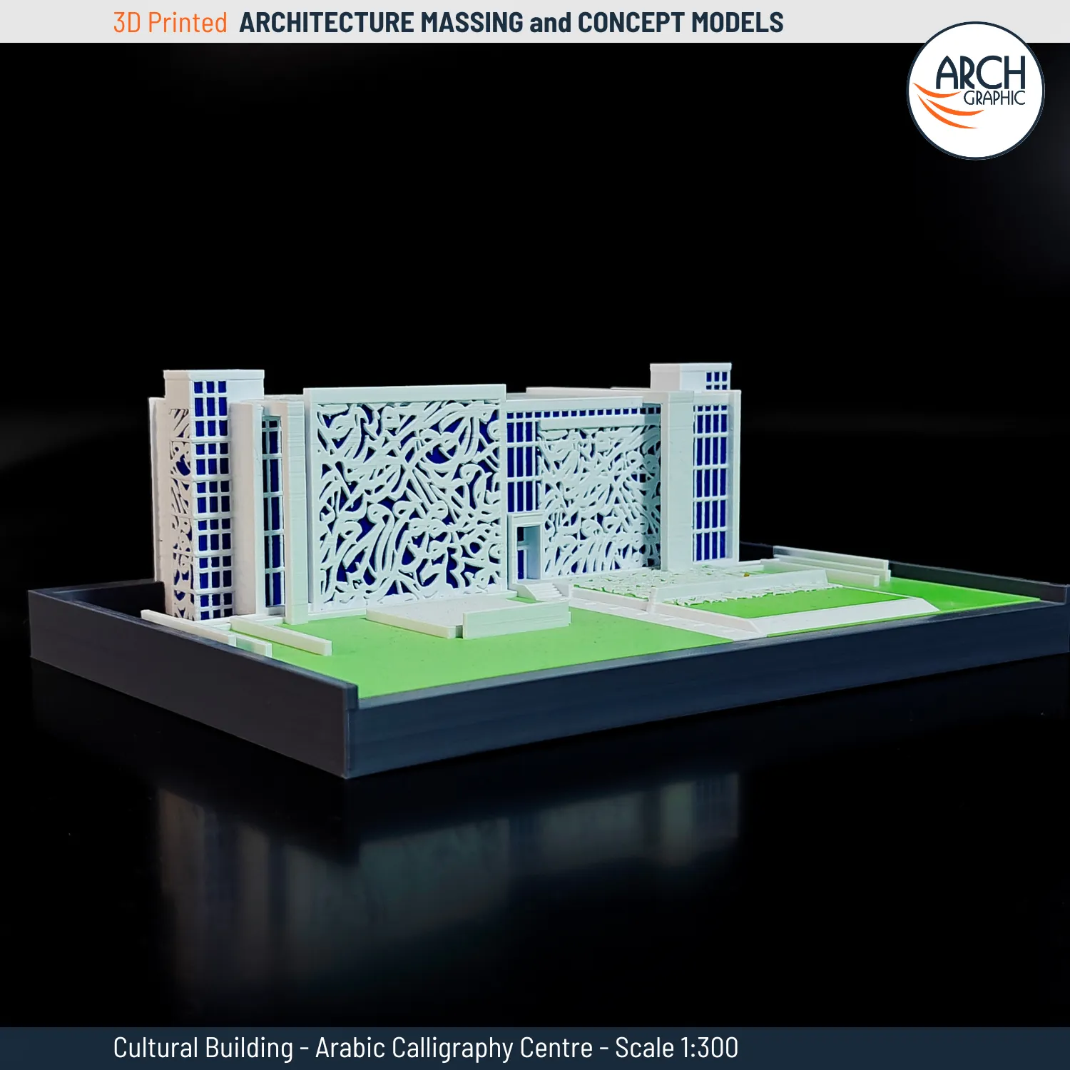 Top diagonal view of 3D printed Arabic Calligraphy Centre model showing full site layout and building mass – scale 1:300