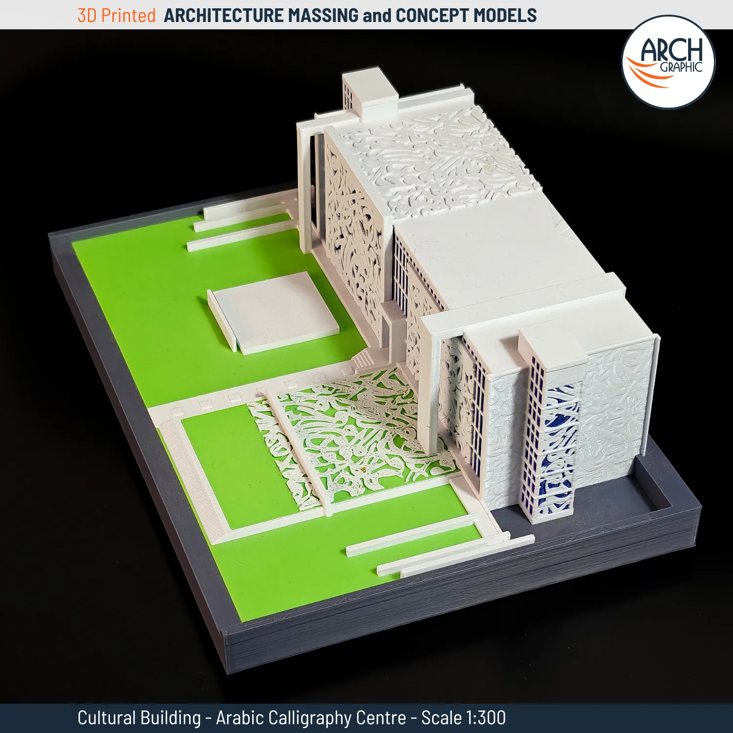 Complete site and building massing of Arabic Calligraphy Centre in 3D printed model, showing integrated landscaping – scale 1:300