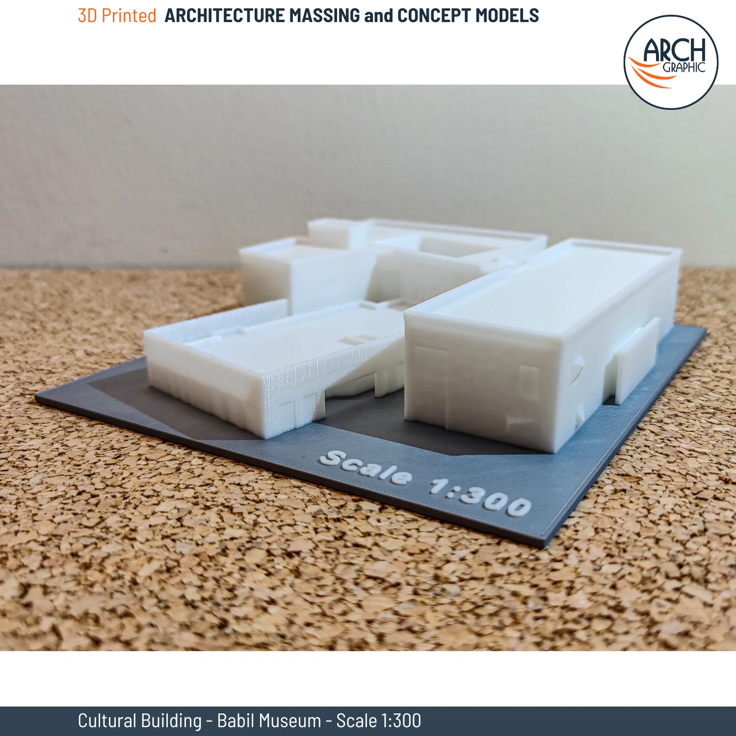 Frontal view of 3D printed cultural entertainment building model with stepped block design – scale 1:500