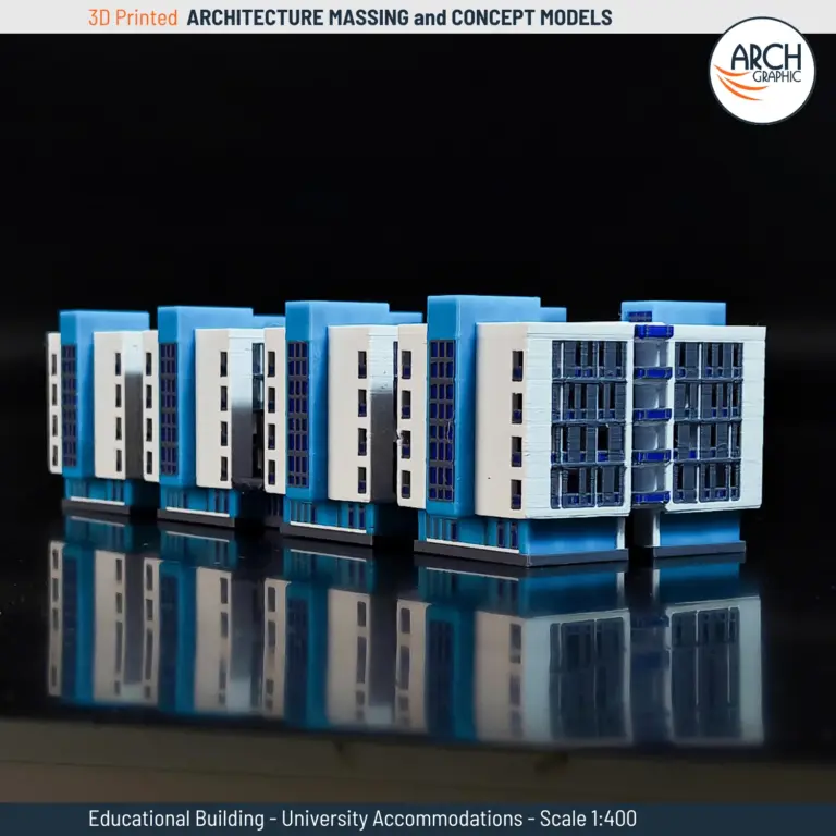 Front symmetrical view of 3D printed student accommodation model showing mirrored block layout – scale 1:400