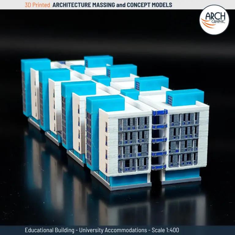 Backside view of 3D printed student housing model showing secondary facade and connection corridors – scale 1:400