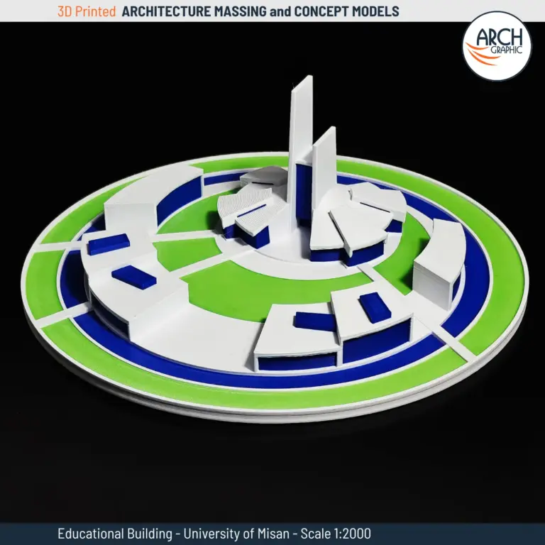 3D printed model of University of Misan showing central tower and circular academic layout – scale 1:2000
