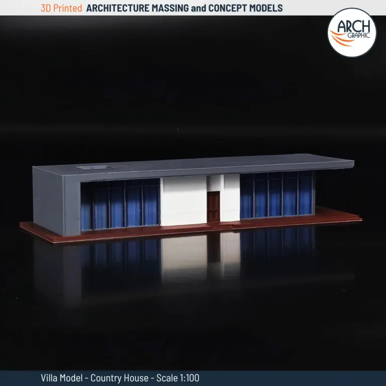 Blue and white 3D printed minimalist country villa at 1:100 scale