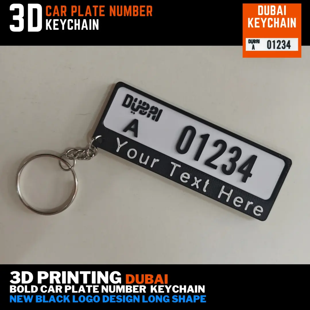 Personalised Dubai new long number plate keychain with black logo, custom text bar and silver split ring